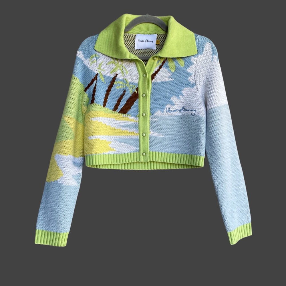 HOUSE OF SUNNY Lime Green Blue Tropical Knit Cropped Collared Cardigan Sweater